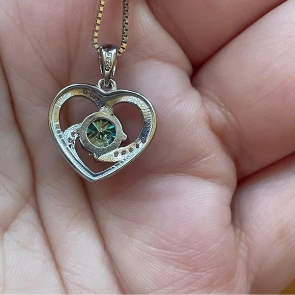 1ct Blue Green GRA Certified Round Cut Moissanite Diamond Heart Silver Necklace